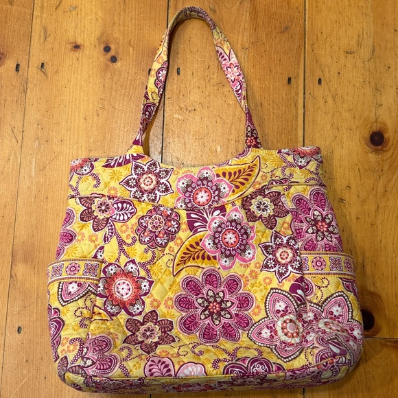 Bali Gold Floral Quilted Tote Bag Yellow and Pink vintage Boho Retired Bag - Picture 5 of 17